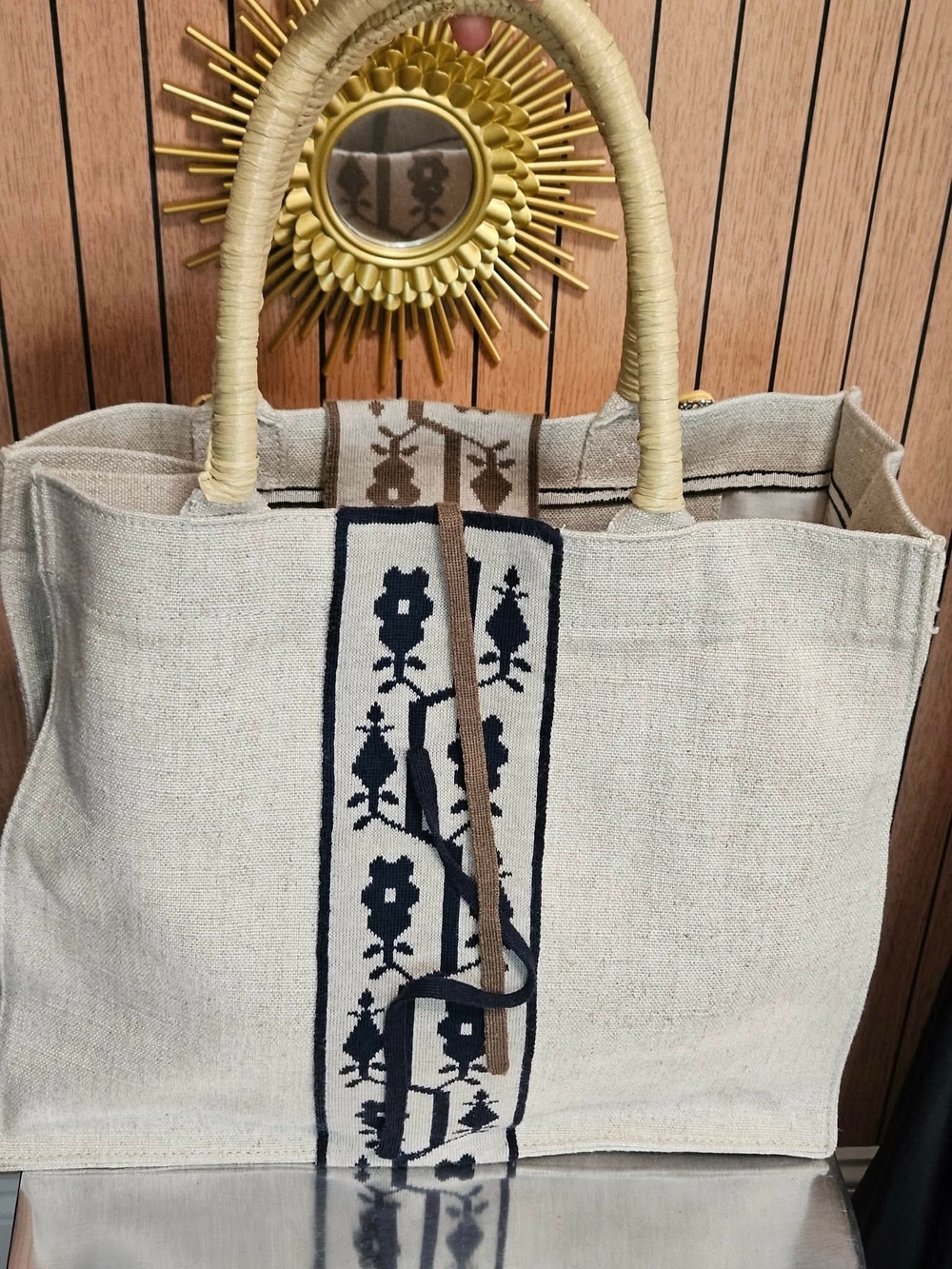 Neutral Canvas Tote Bag with Navy Embroidery